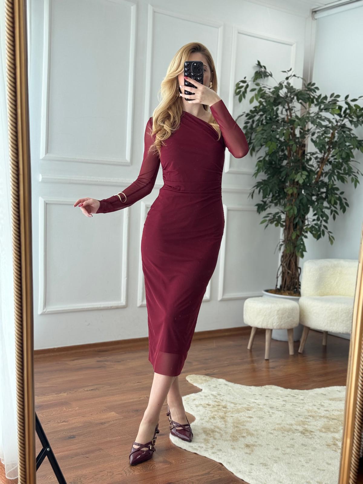 Tek Omuz Şifon Elbise 31942 Bordo