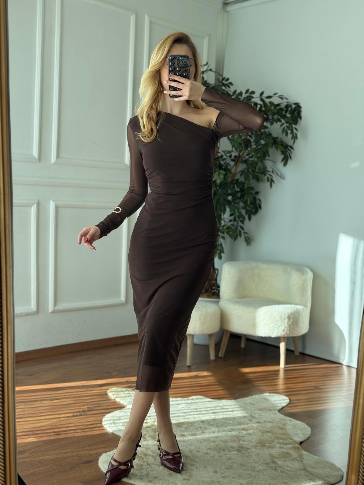 Tek Omuz Şifon Elbise 31942 Kahverengi