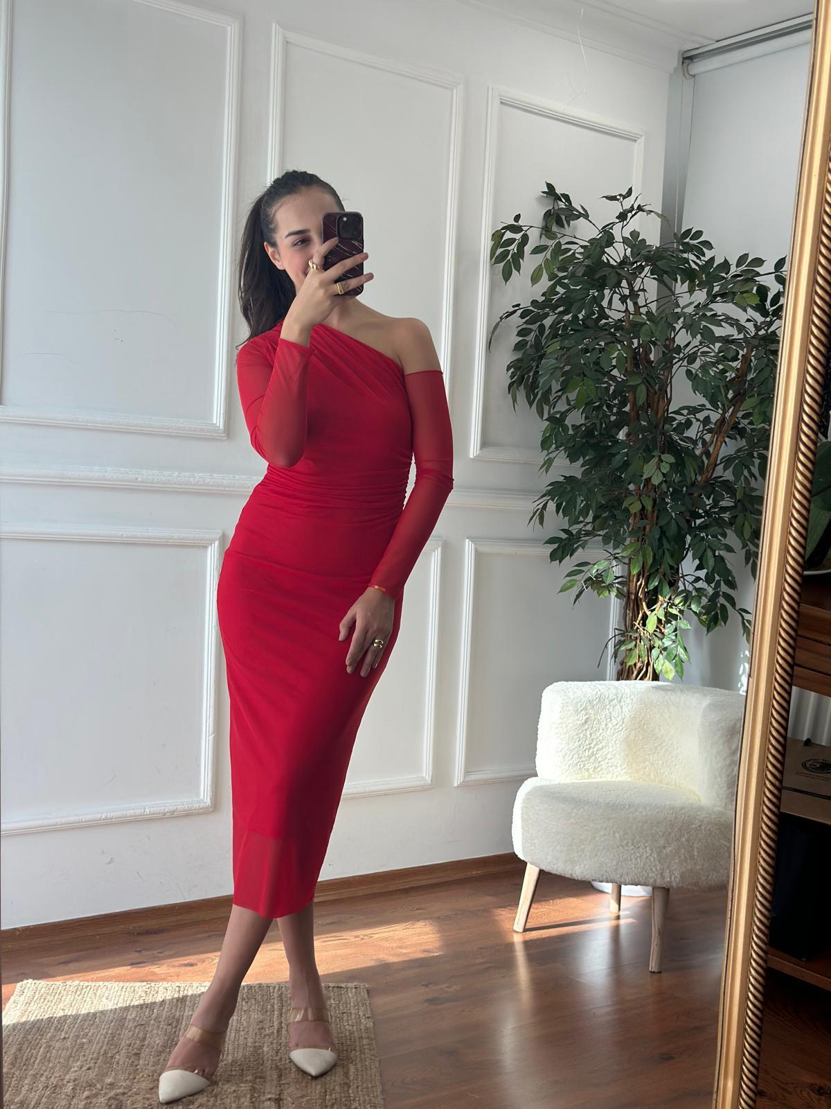 Tek Omuz Şifon Elbise 31942 Kırmızı