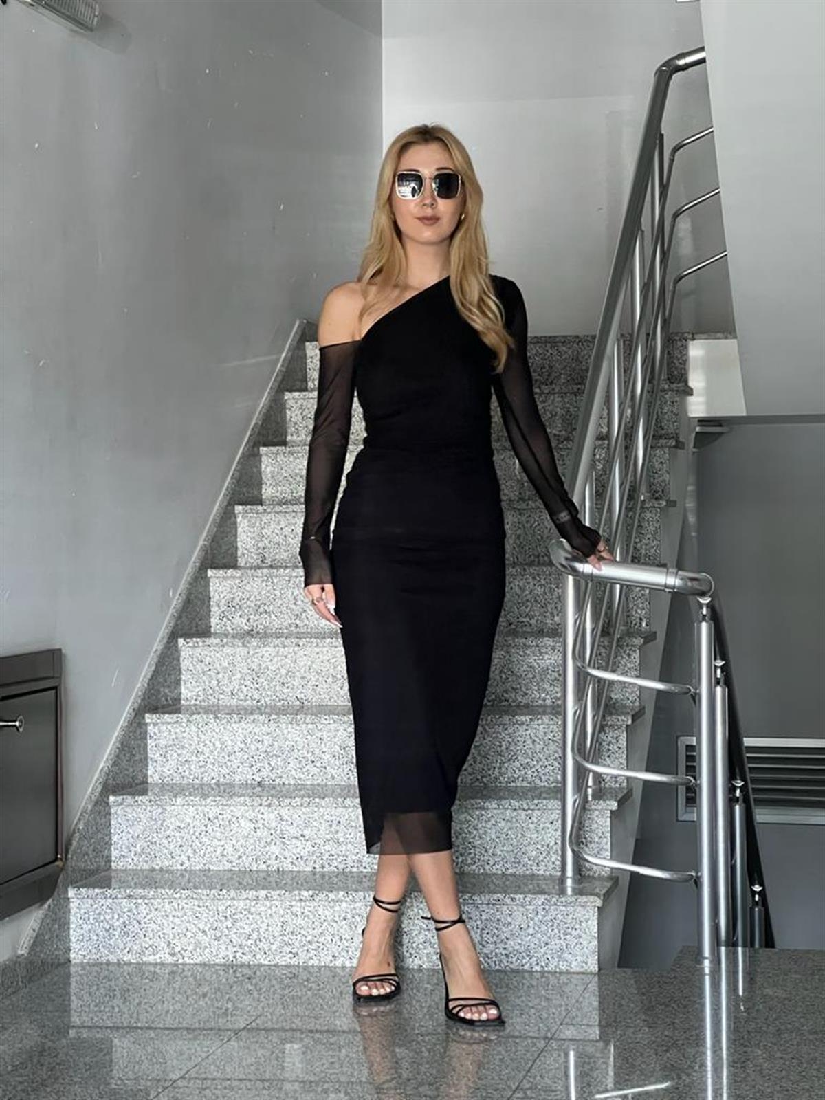 Tek Omuz Şifon Elbise 31942 Siyah