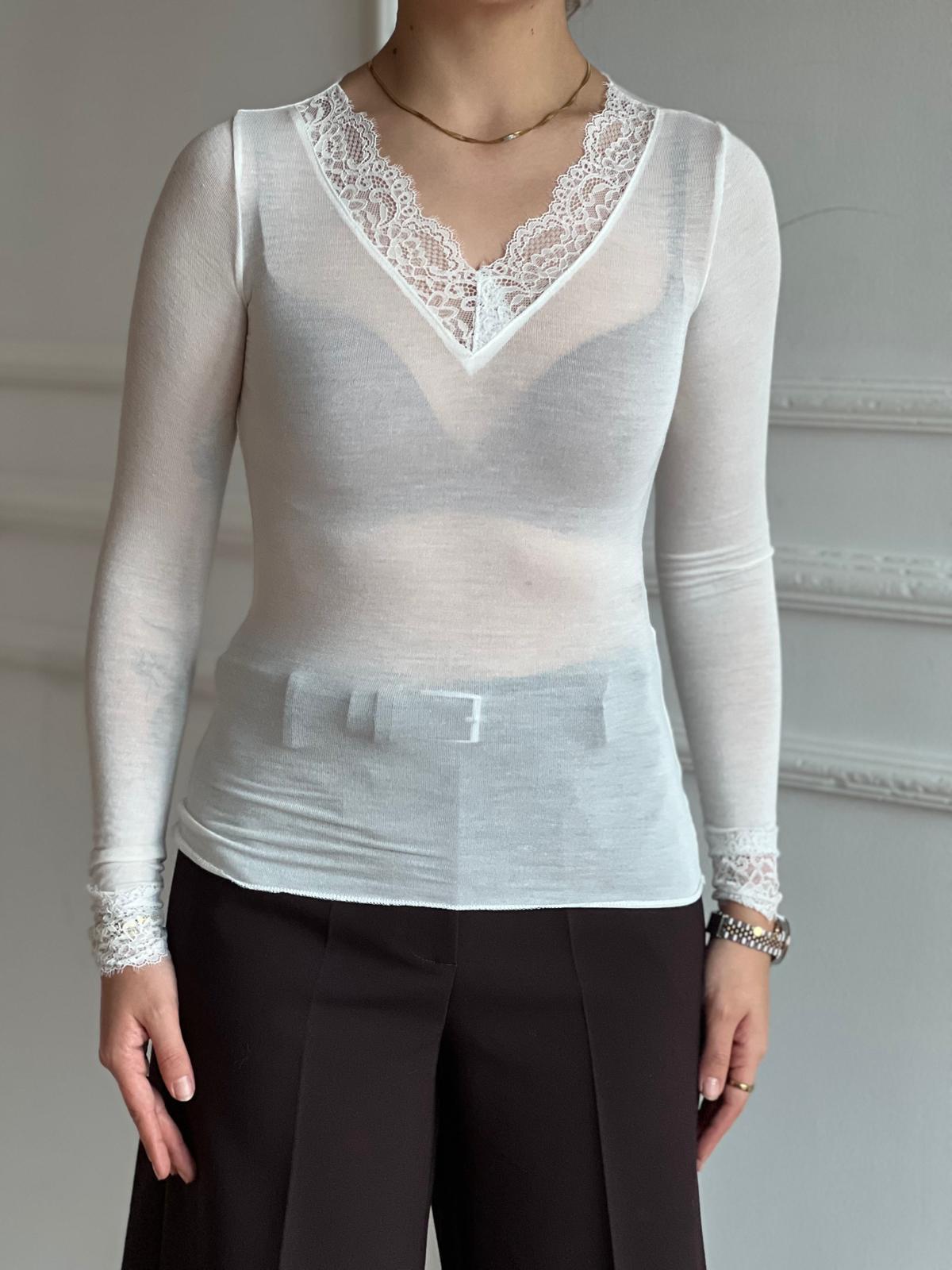 Trasparan V Yaka Dantelli Bluz 1338 Ekru