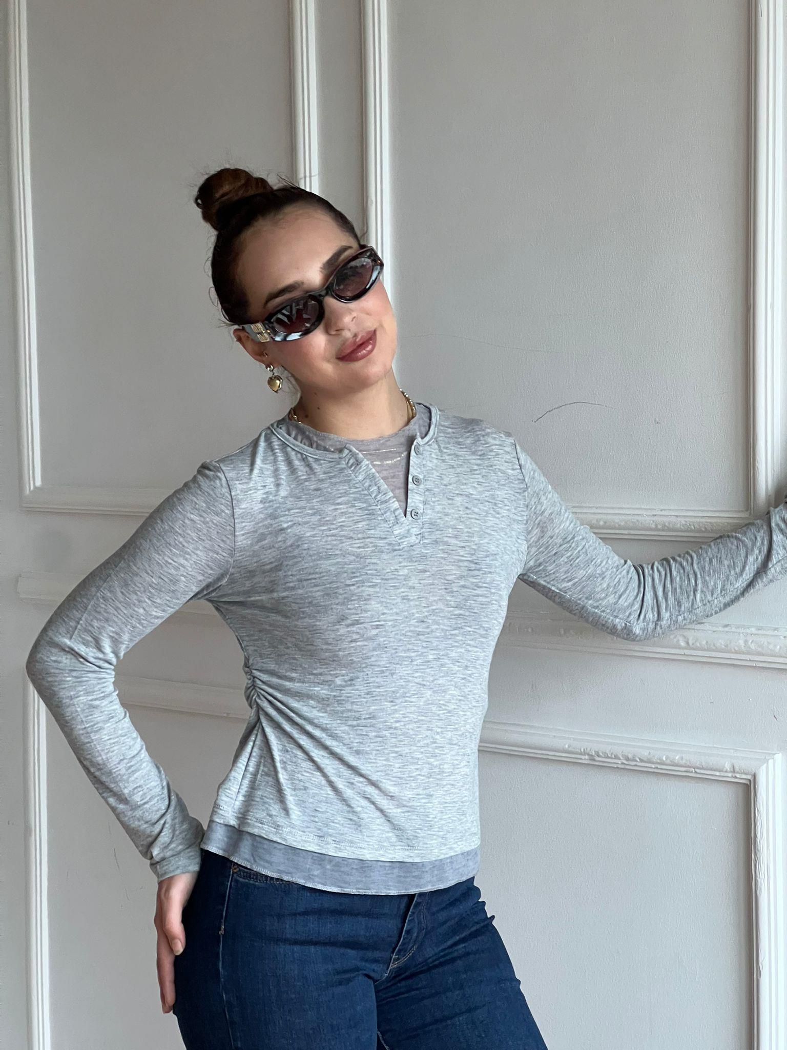 Tül Garnili Örme Bluz 2618076 Gri