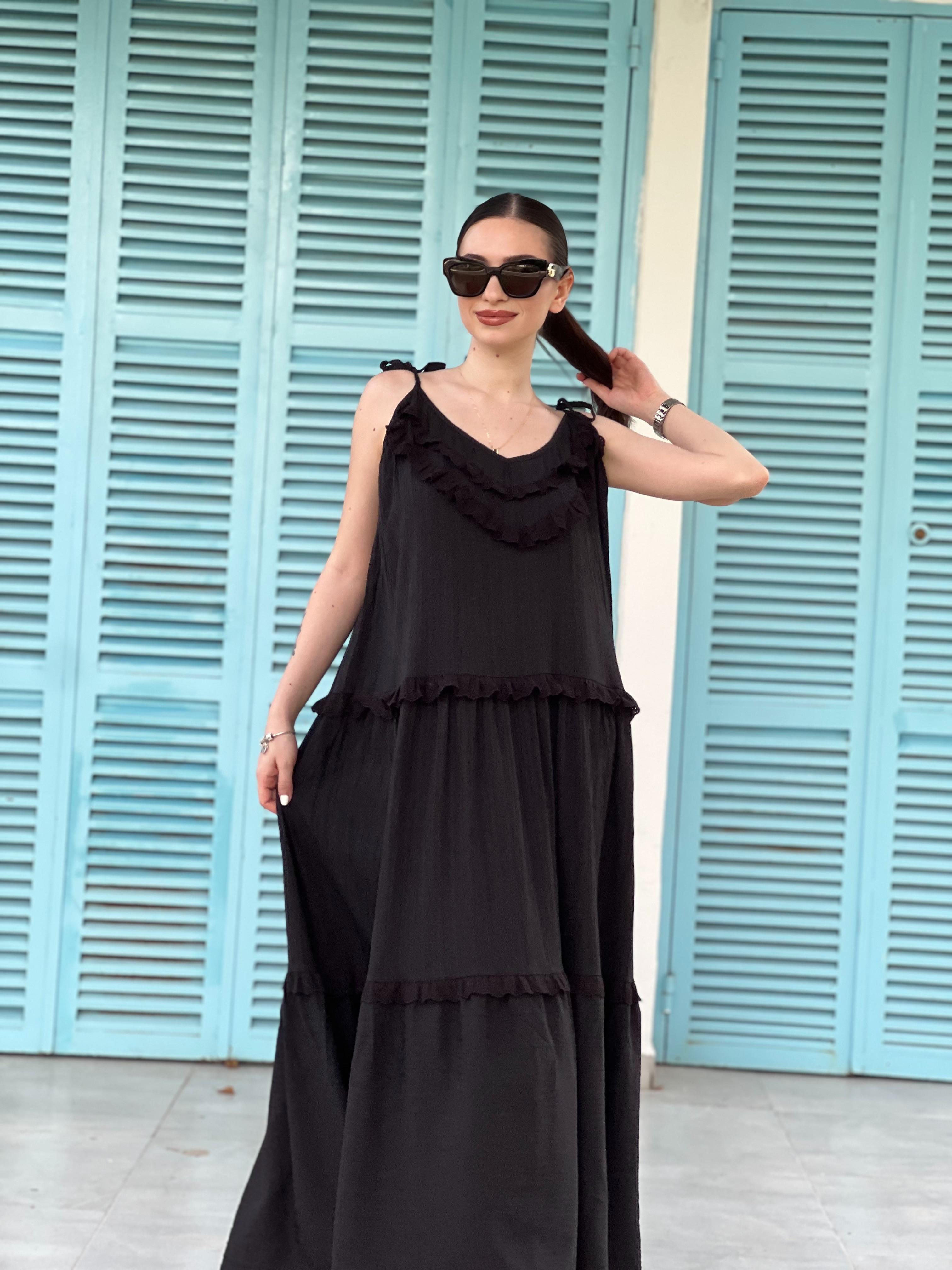 Uzun Fistolu Gofre Elbise 242-6009 Siyah