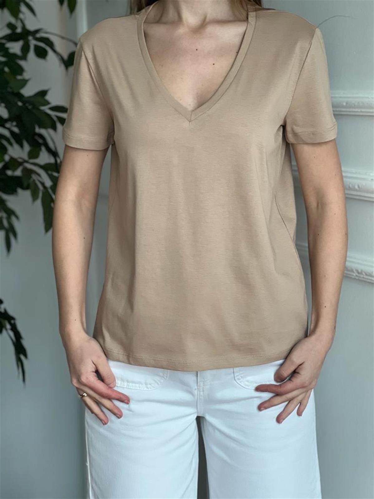 V Yaka Basic Tshirt 3470 Bej