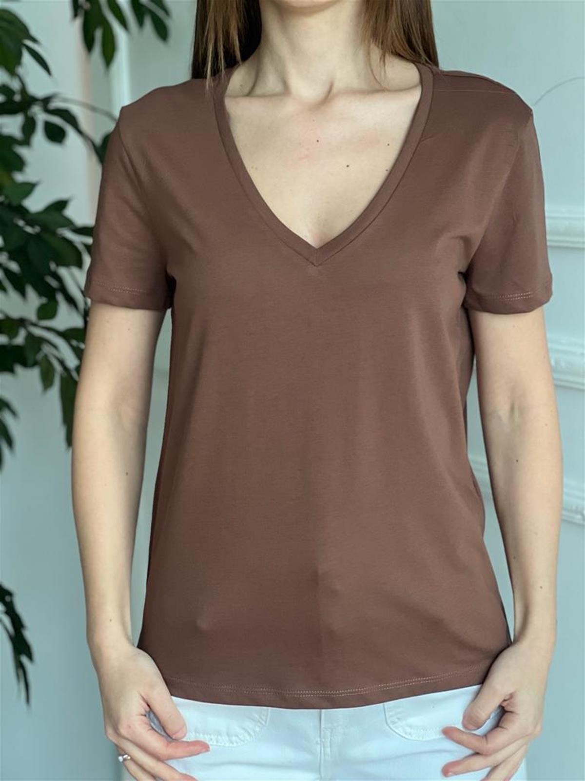 V Yaka Basic Tshirt 3470 Kahverengi