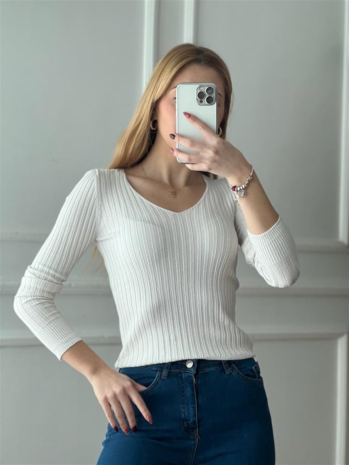 V Yaka Fitilli Triko Bluz 10081 Ekru