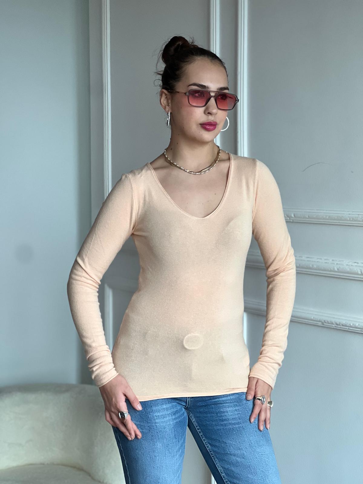 V Yaka Kaşmirli Ultra Hafif Triko Kazak 10842 Açık Oranj
