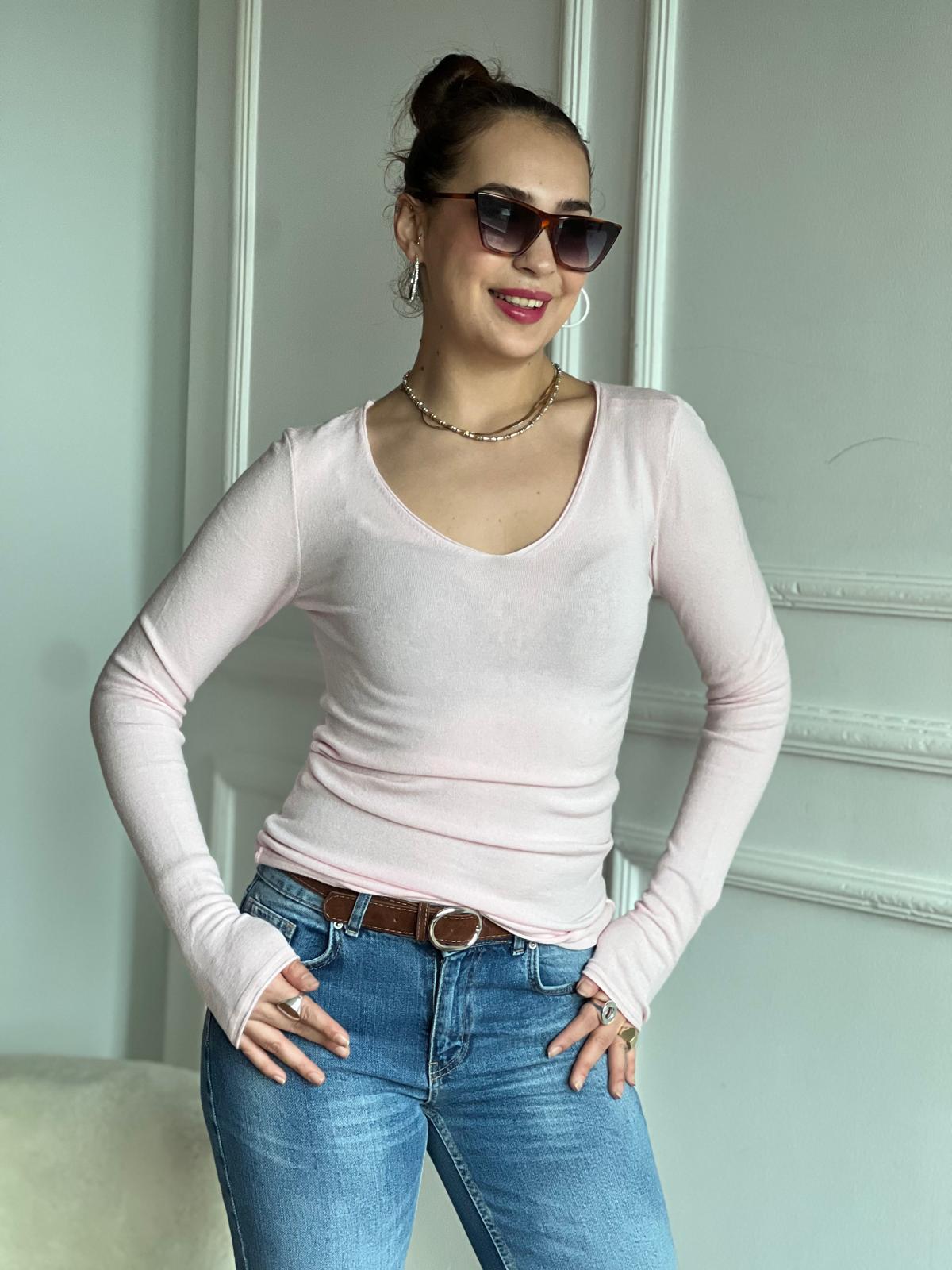 V Yaka Kaşmirli Ultra Hafif Triko Kazak 10842 Toz Pembe