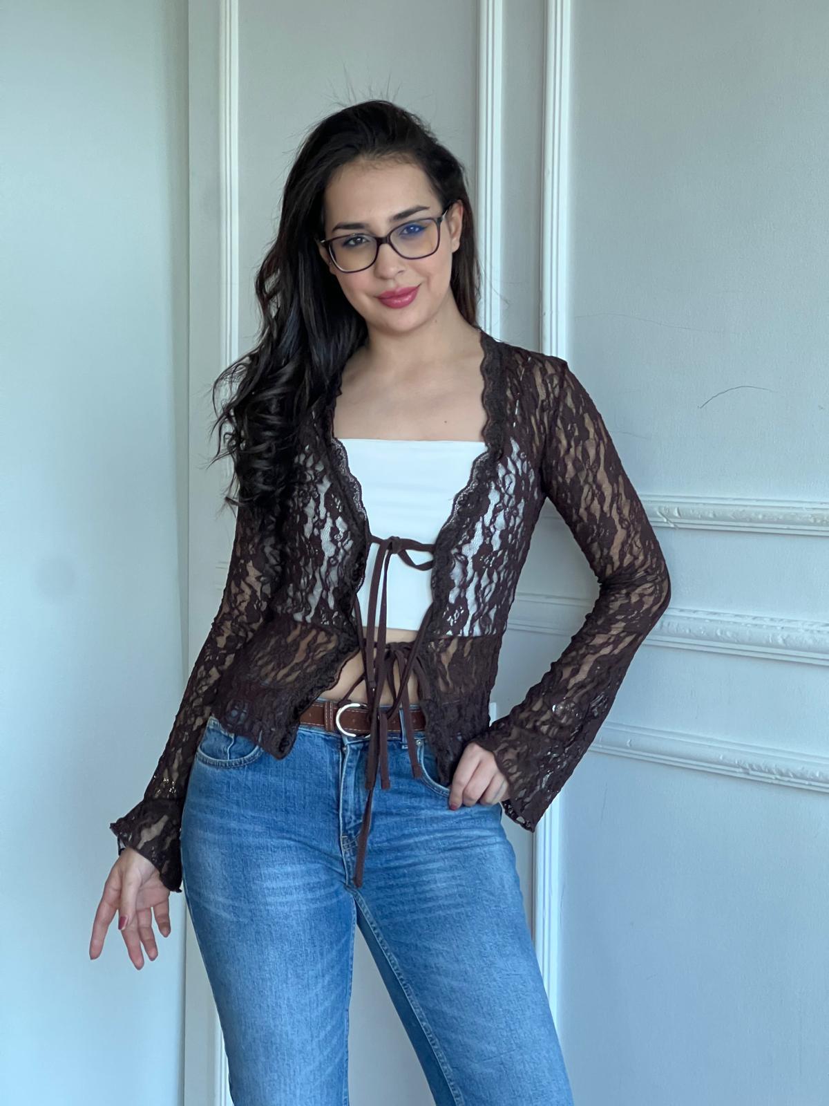 V Yaka Önü Bağlamalı Dantelli Bluz 6041 Kahverengi