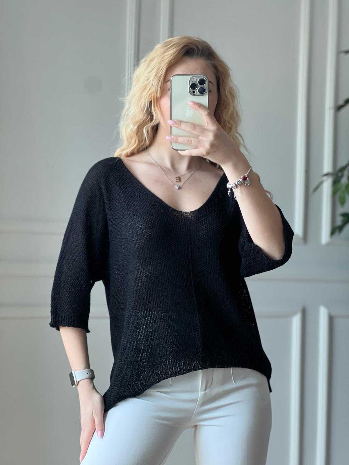 V Yaka Pike Triko Bluz 2313 Siyah