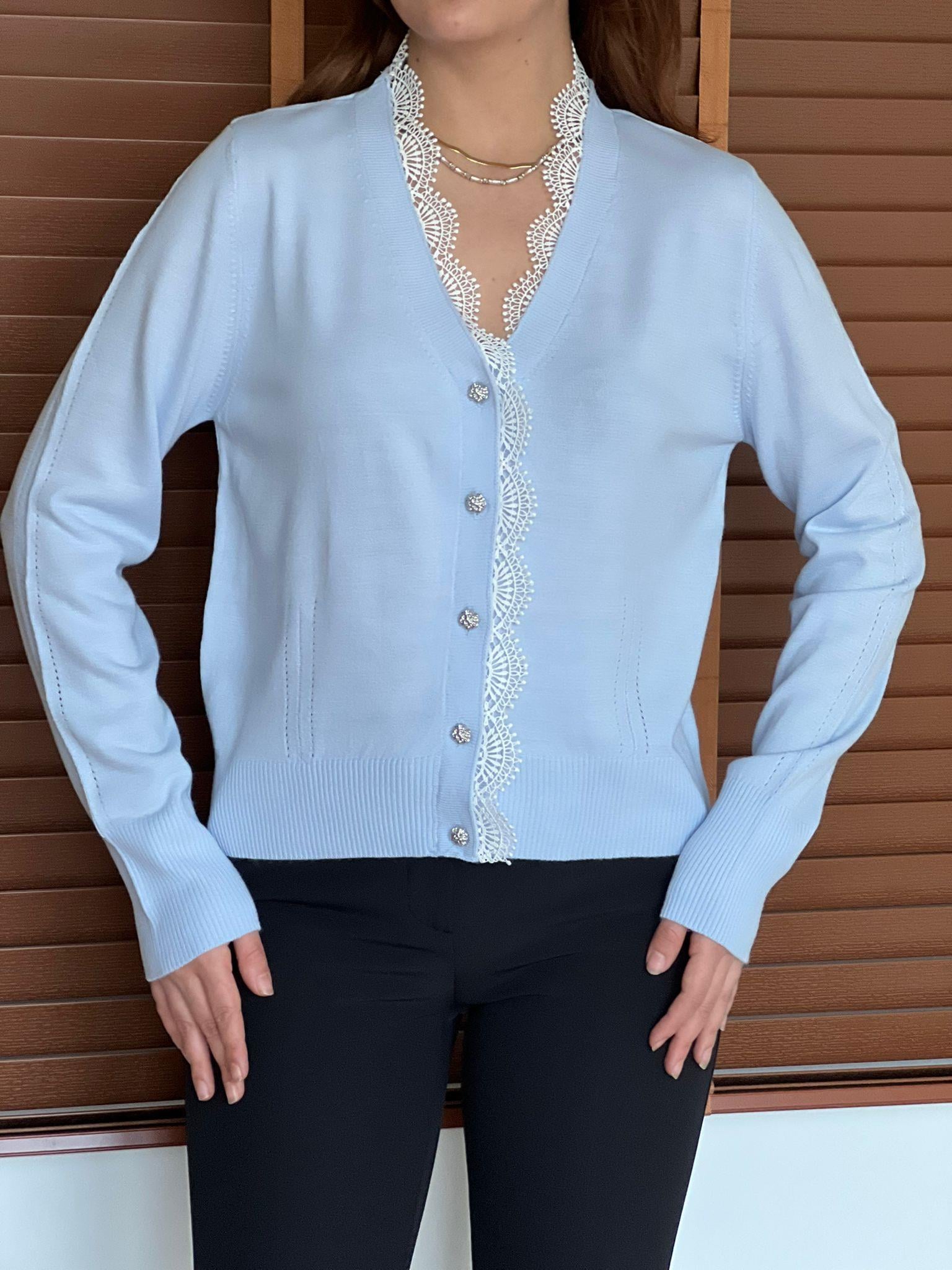 Yaka Dantel Detaylı Hırka 26406 Bebe Mavisi