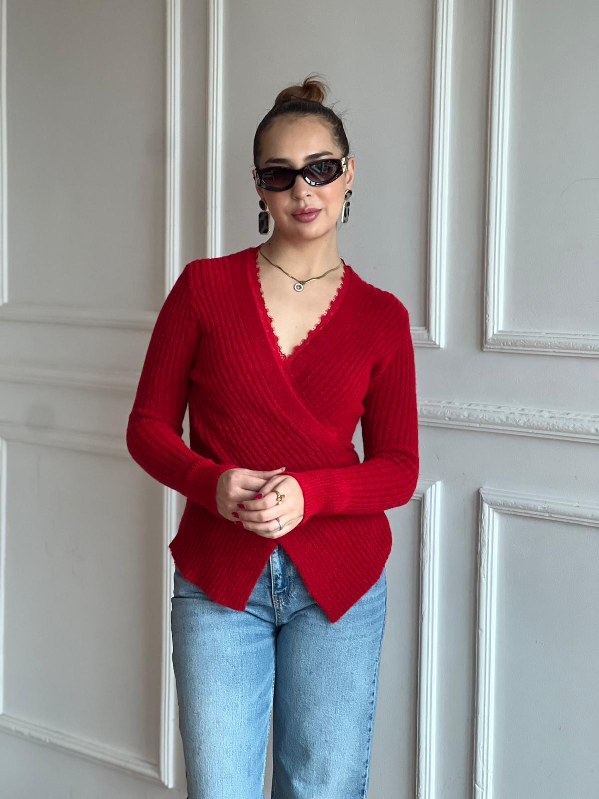 Yaka Dantel Kruvaze Kazak 37176 Kırmızı