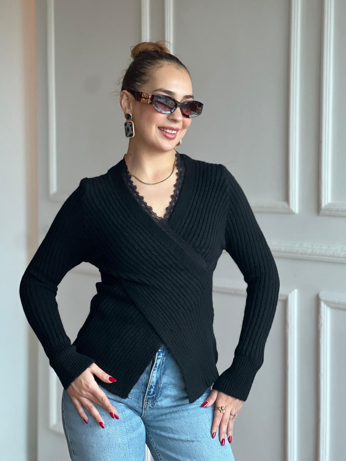 Yaka Dantel Kruvaze Kazak 37176 Siyah