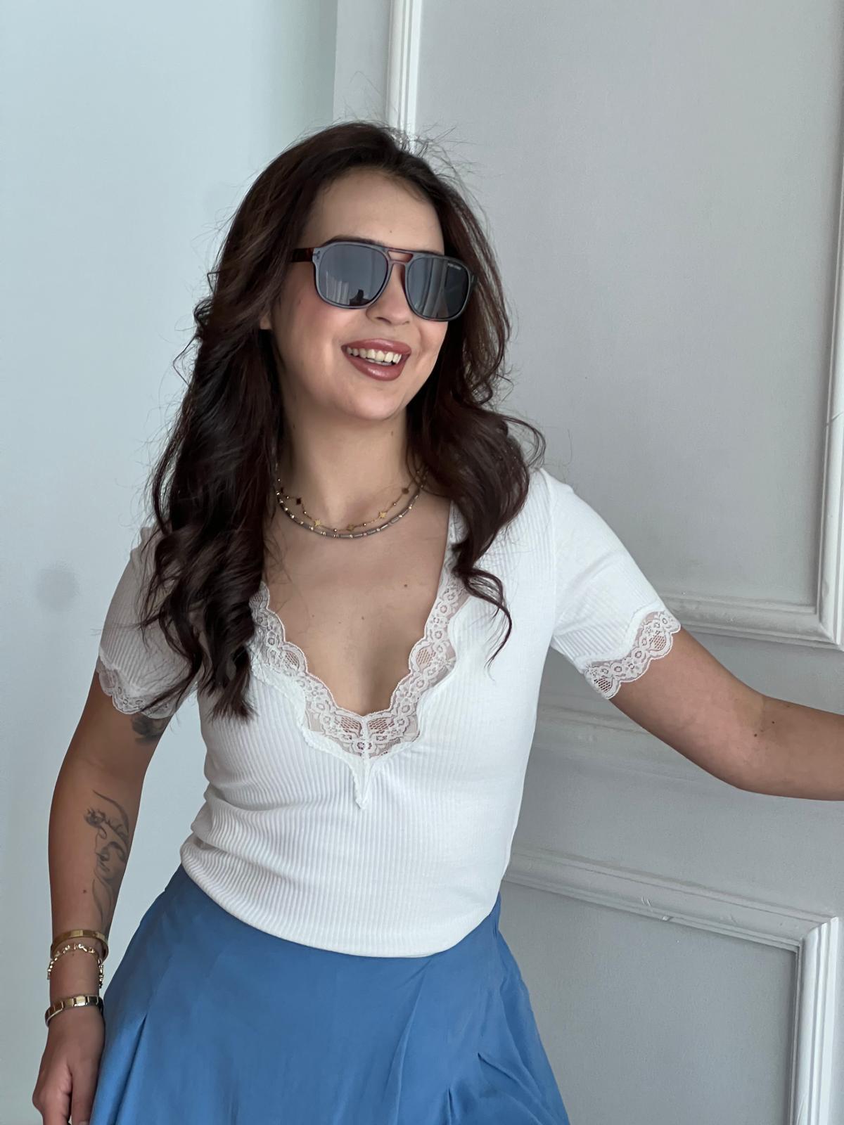 Yaka Kol Dantelli Fitilli Kısa Kol Bluz 1080 Ekru