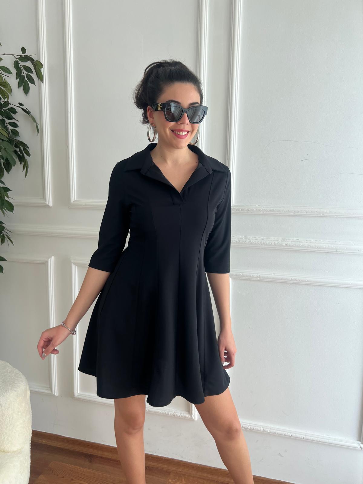 Yaka Patlı Mini Elbise 5421-1202 Siyah