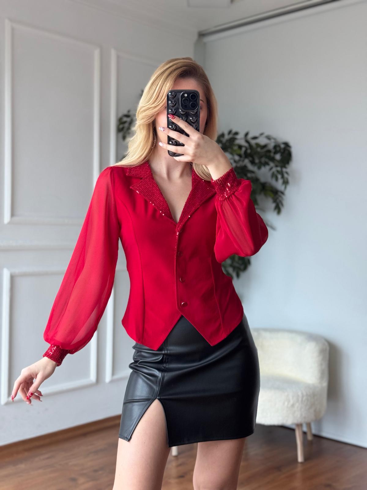 Yakası ve Kolu Payetli Gömlek 2784-101 Kırmızı