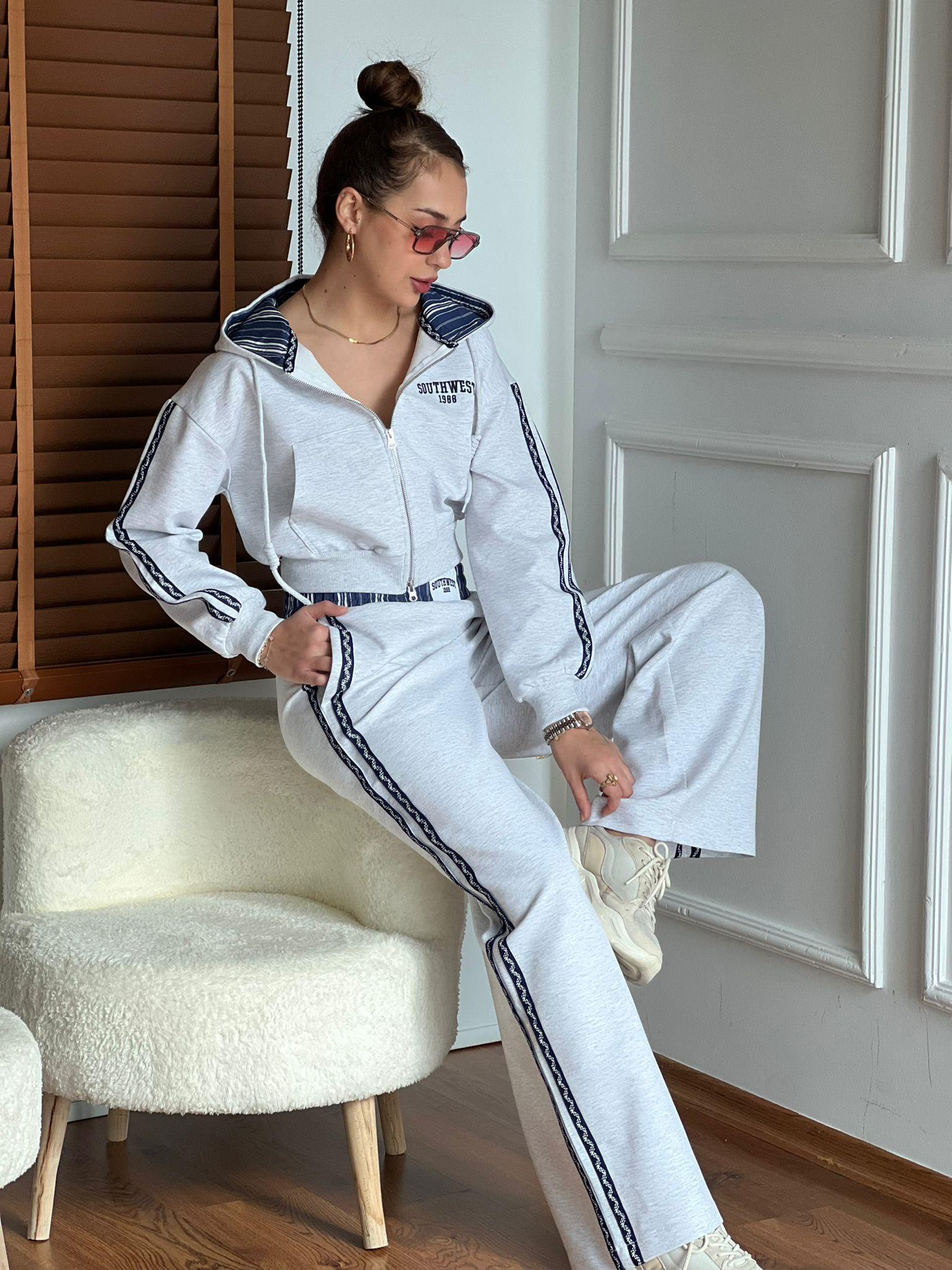 Yanı Şeritli Eşofman Takımı 00811-00810 Açık Gri