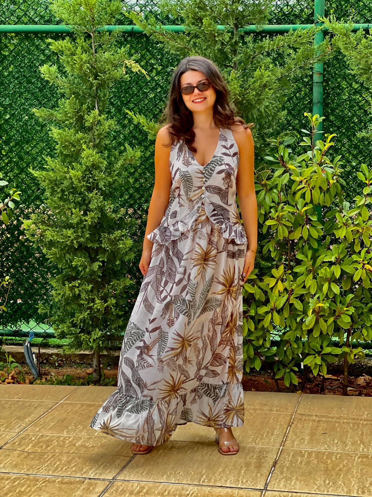 Yaprak Desenli Şifon Elbise 39776 Ekru