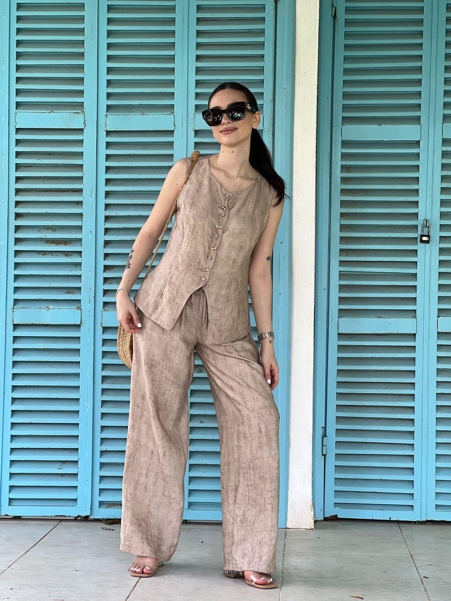 Yelek Bol Paça Pantolon Takım 38428 Bej