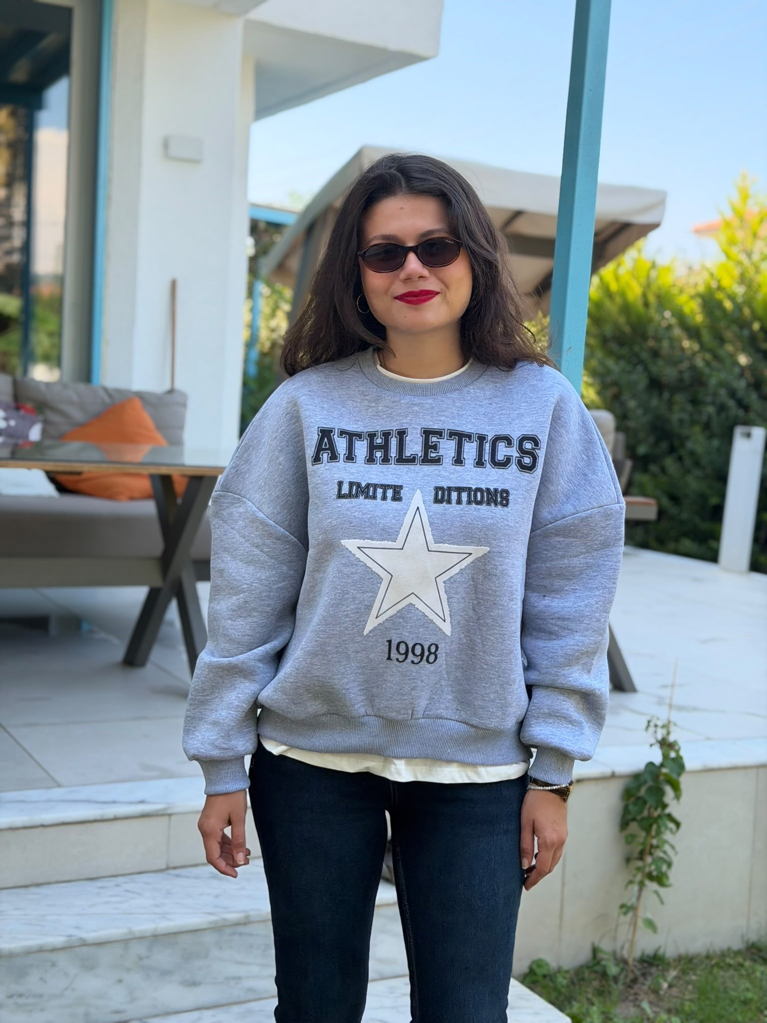Yıldız Baskılı Sweatshirt 02552 Gri
