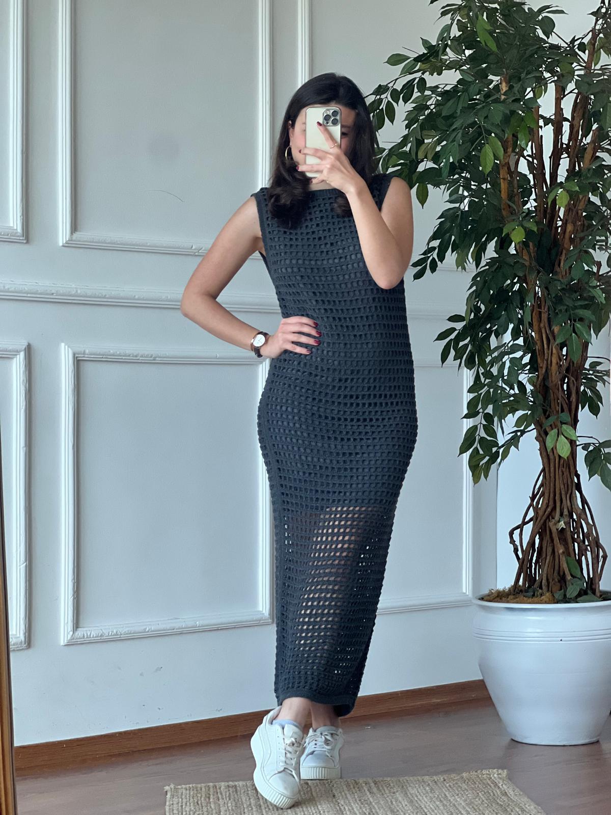 Yırtmaçlı Delikli Triko Elbise 4018 Antrasit