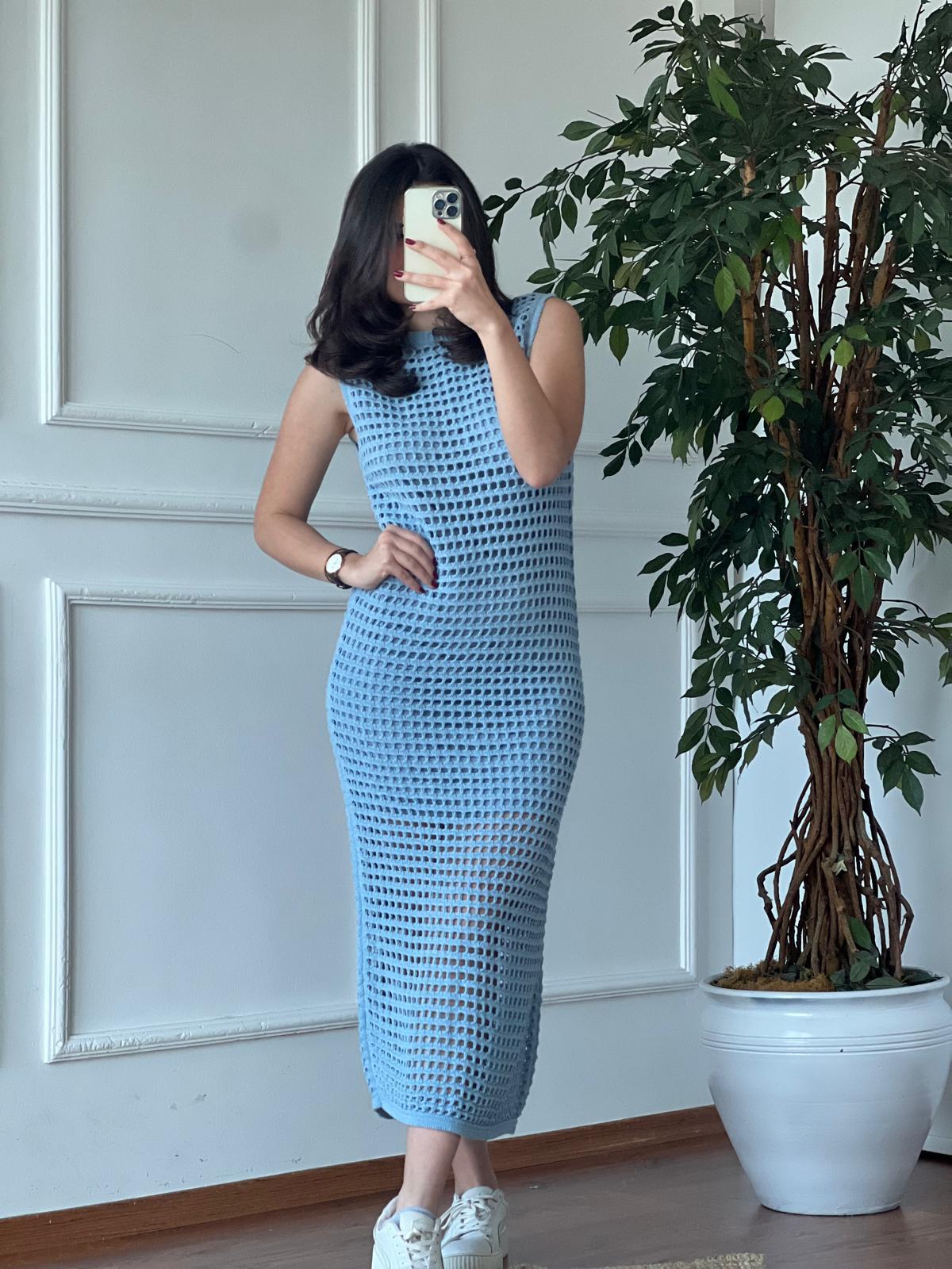 Yırtmaçlı Delikli Triko Elbise 4018 Bebe Mavisi