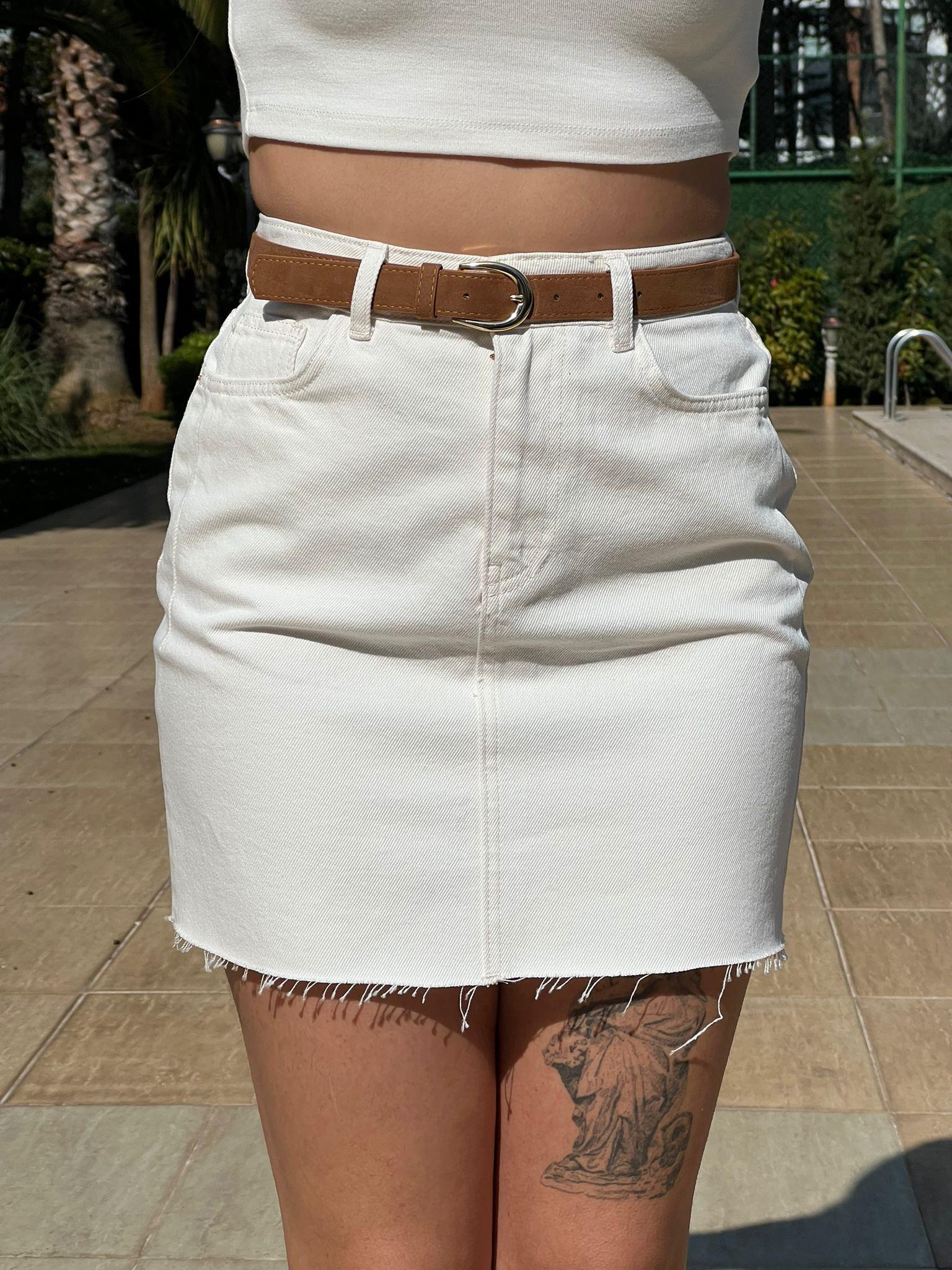 Yüksek Bel Pensli Denim Etek 25705 Ekru