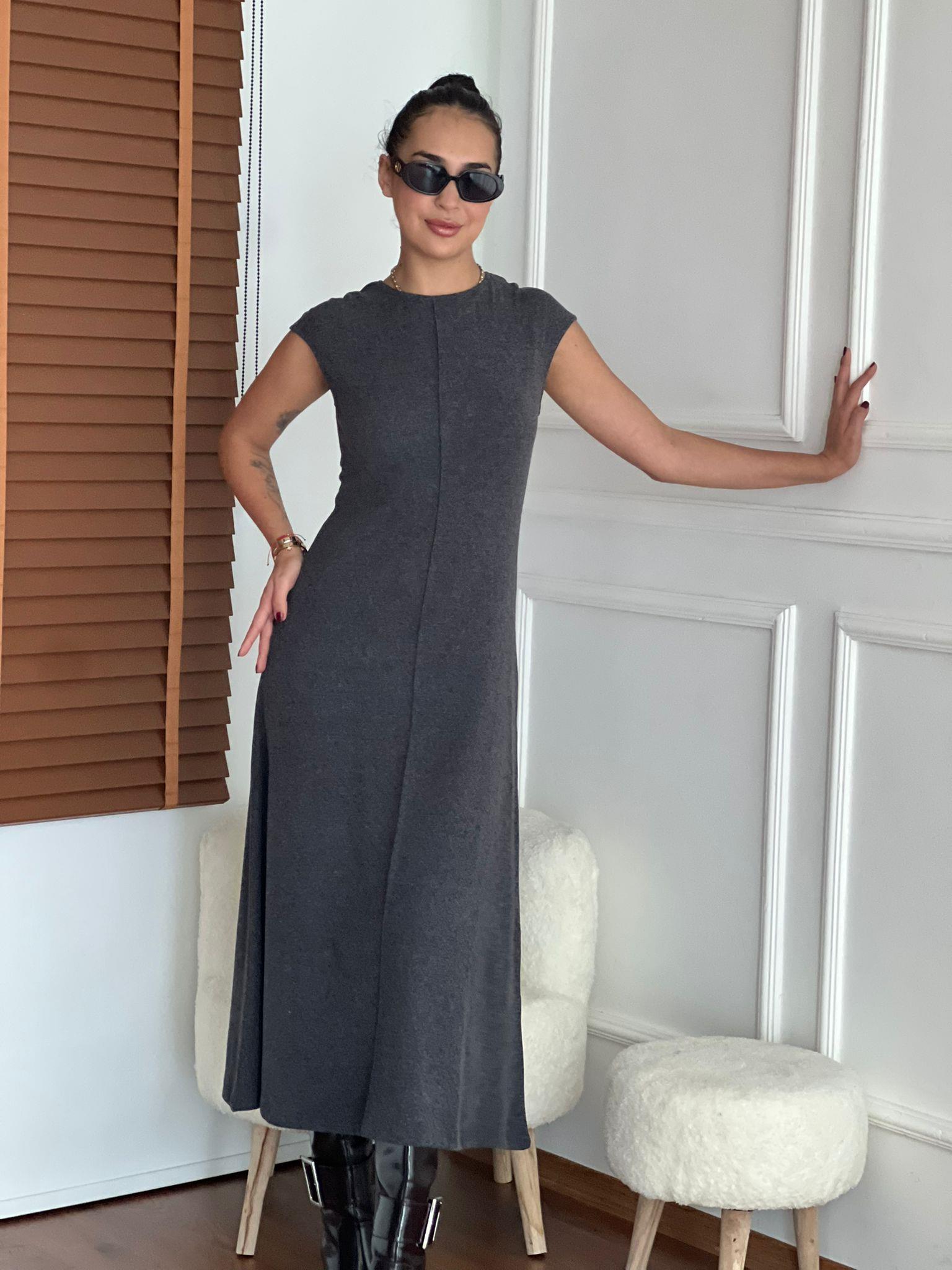 Yumuşak Dokulu Sıfır Kol Uzun Elbise 17219 Antrasit