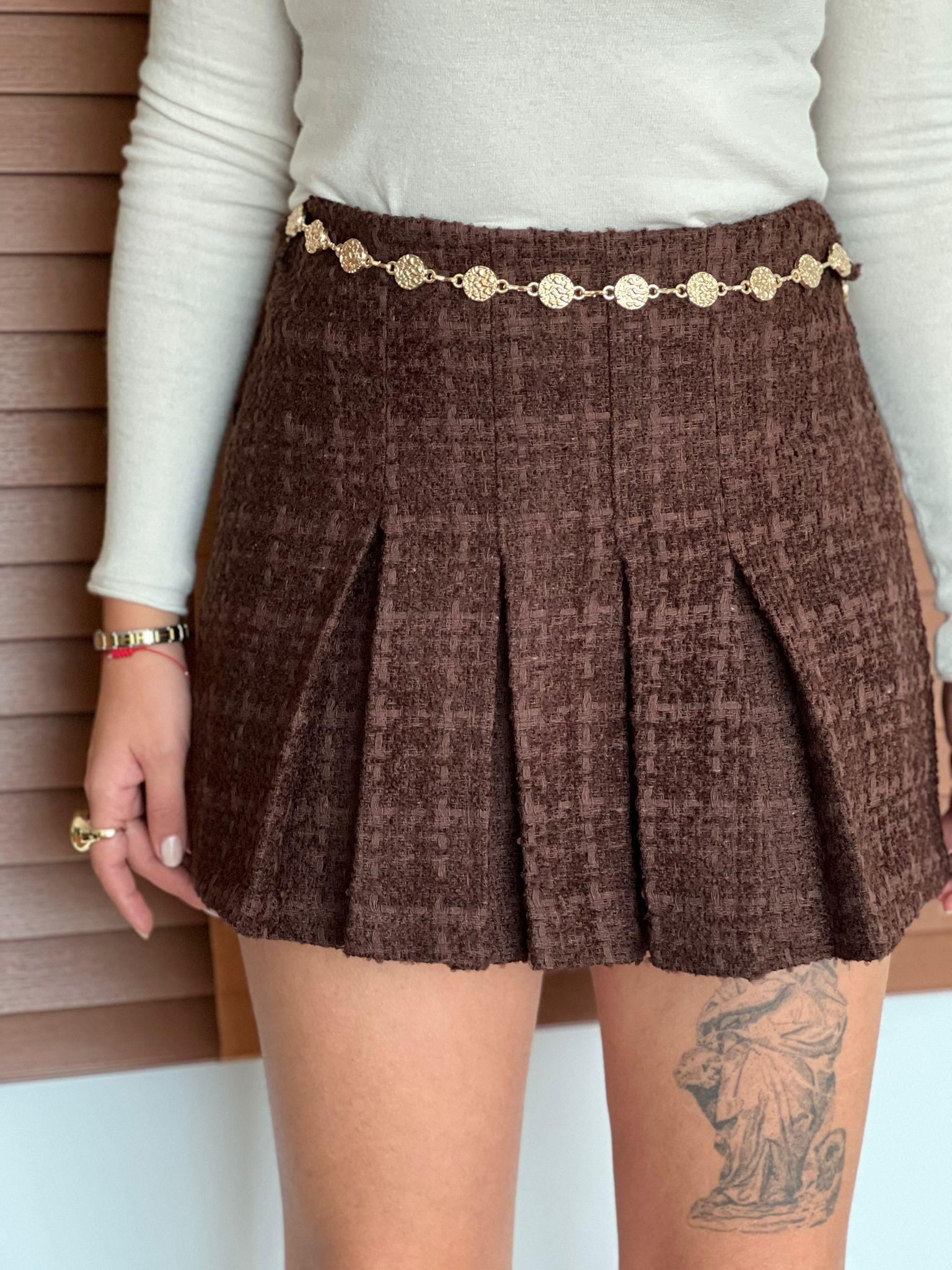 Zincir Kemerli Mini Etek 01064 Kahverengi