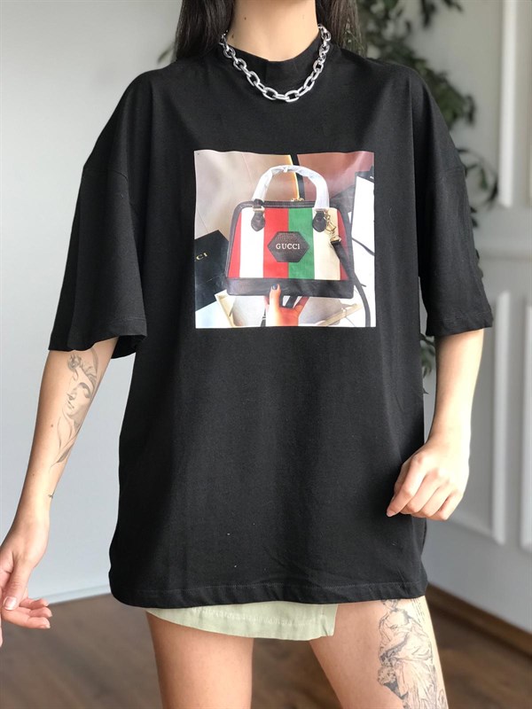 Gucci Çanta Baskılı Tshirt 22078 Siyah