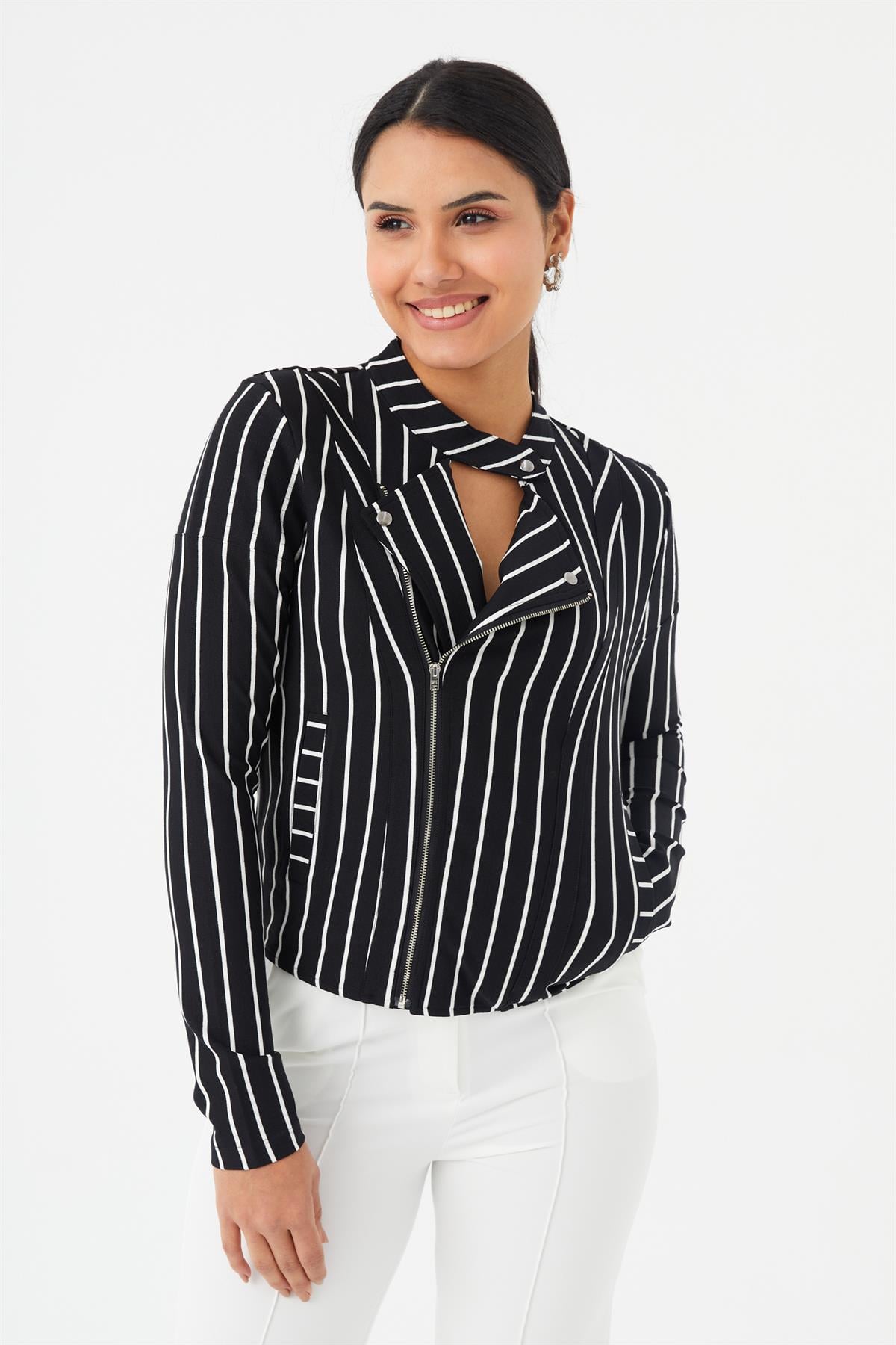 HN070Kadın Siyah-Beyaz Cep Detaylı Fermuarlı Blazer Ceket Hn070