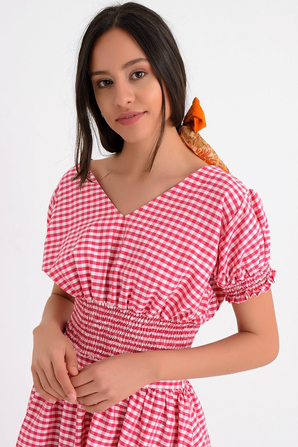 HN1603V Yaka Bel Ve Kol Uçları Lastikli Kareli Bluz