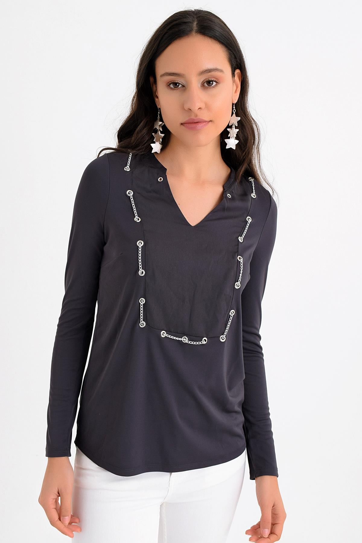 HN1614Zincir Detaylı Bluz