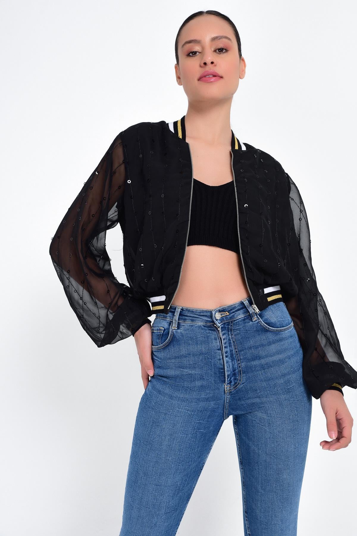 HN1799Ribana Detaylı Simli Tül Bomber Ceket
