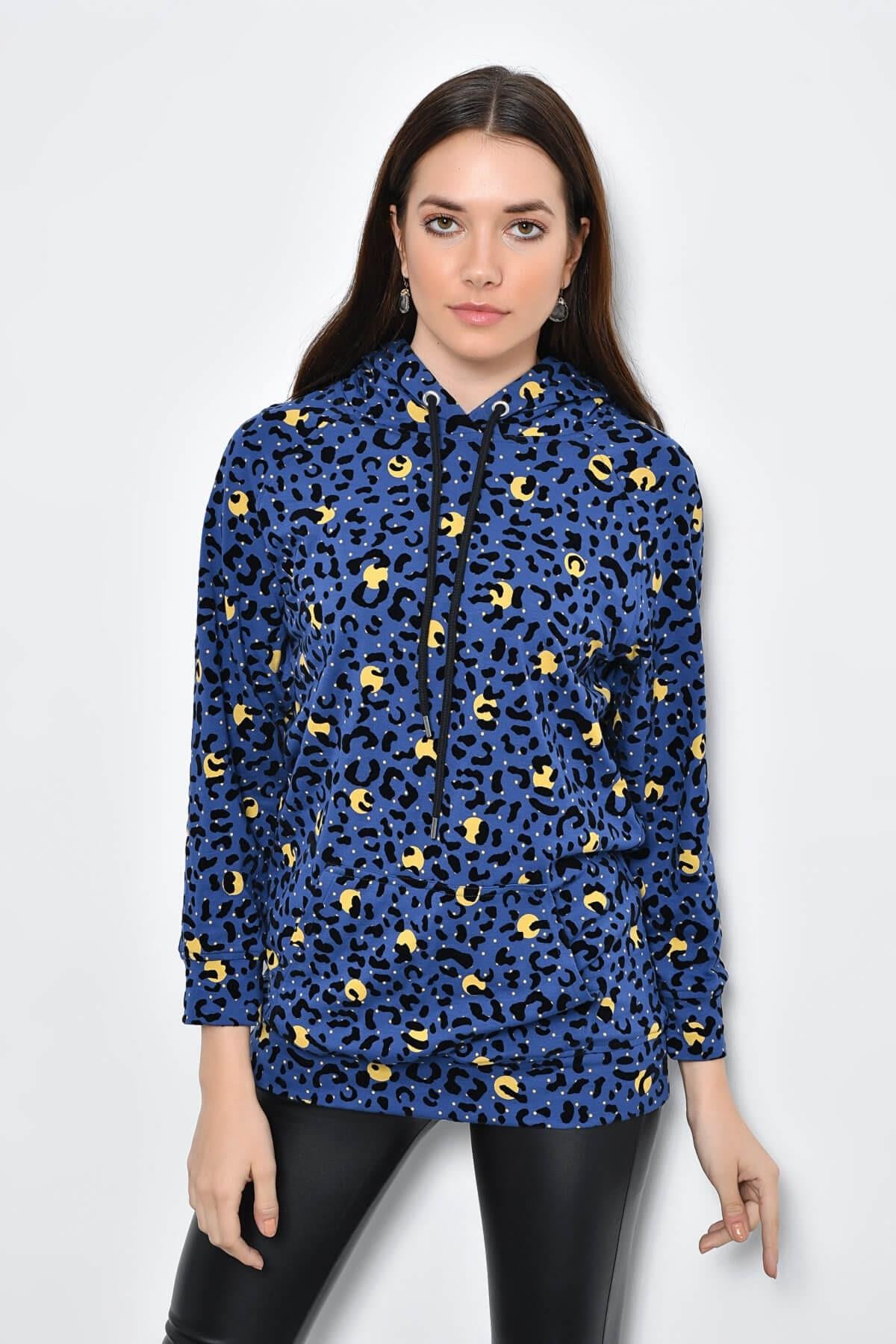 HN2164Puantiyeli Flok Baskılı Kapüşonlu Sweatshirt
