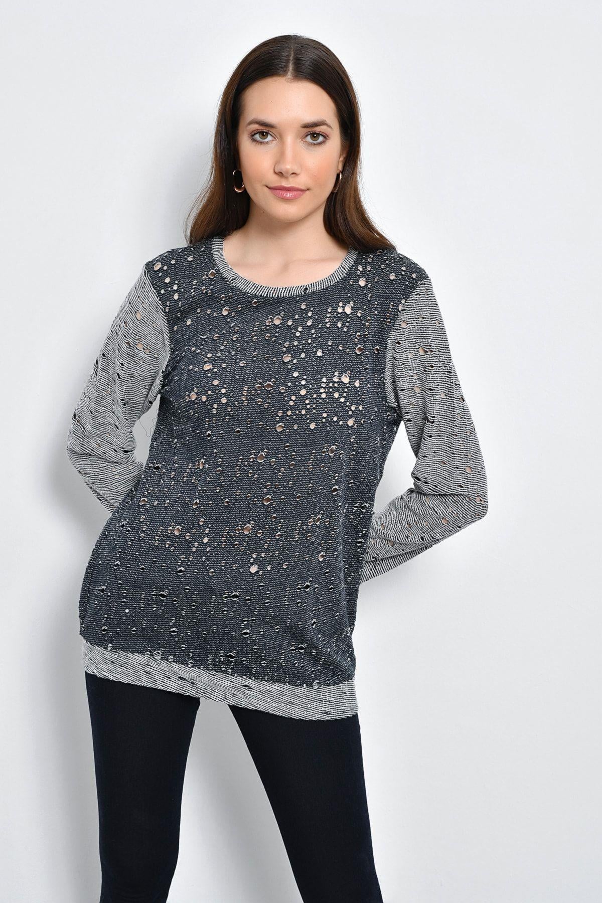 HN2211Kontrast Renkte Delikli Sweatshirt