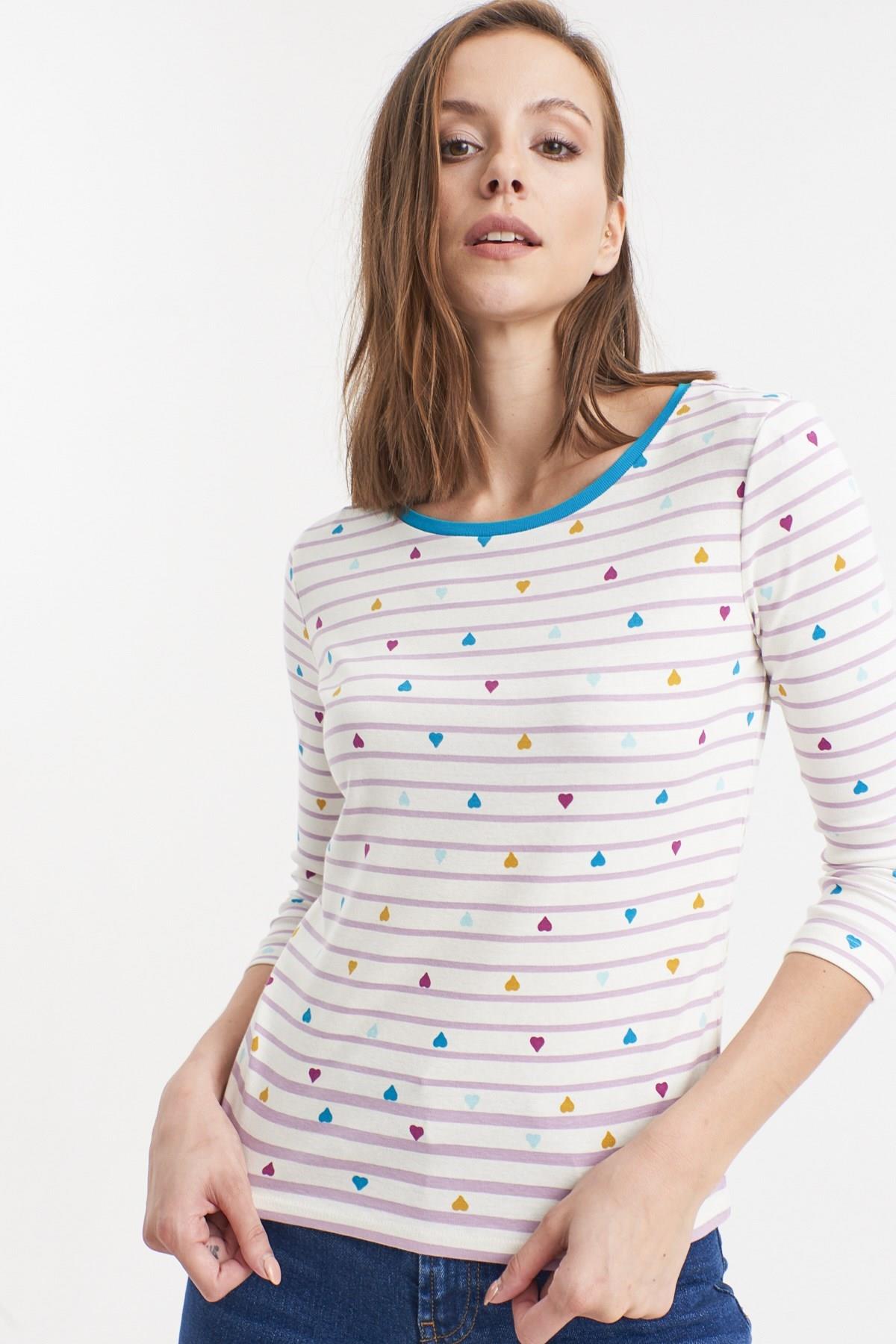 HN2633Lila Çizgili Kalp Desenli Örme Bluz