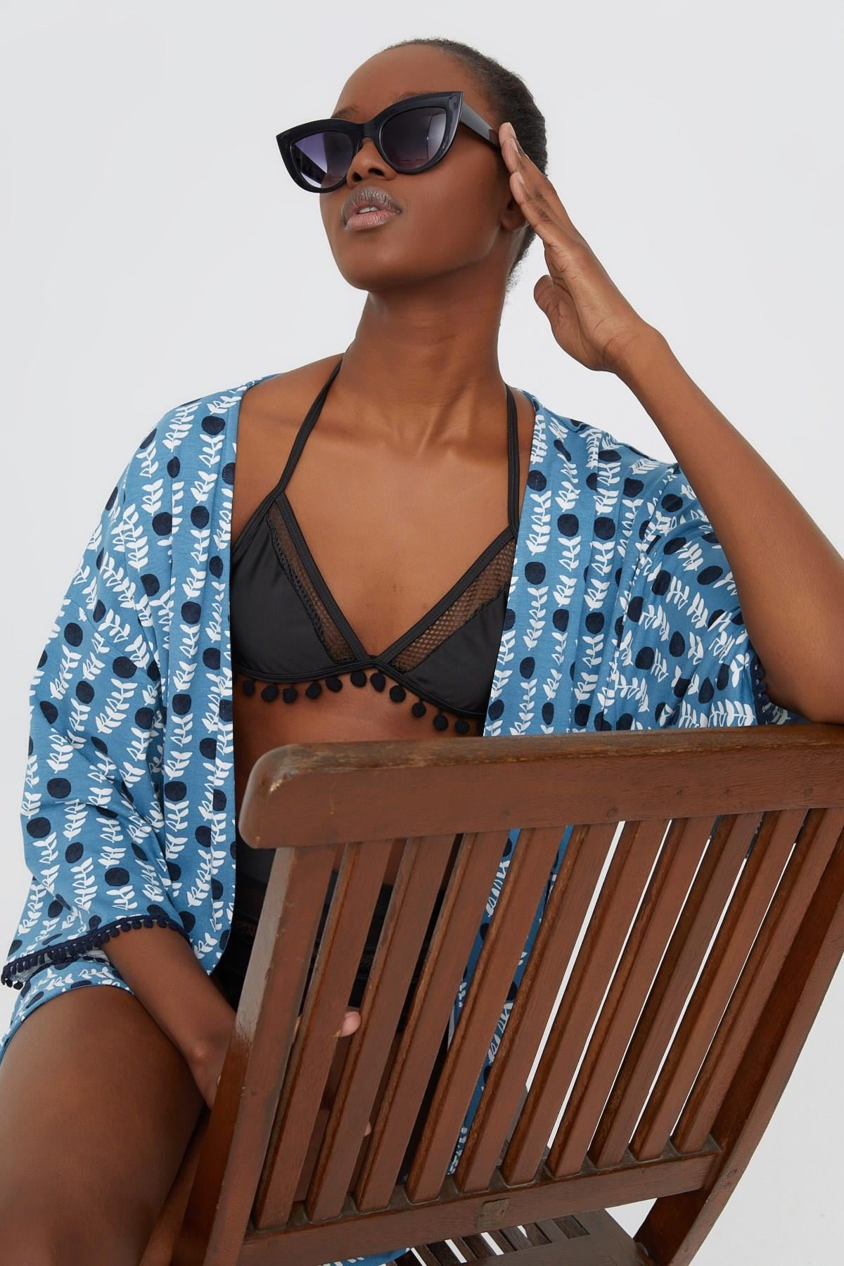 HN2948Puantiye Desenli Örme Kimono