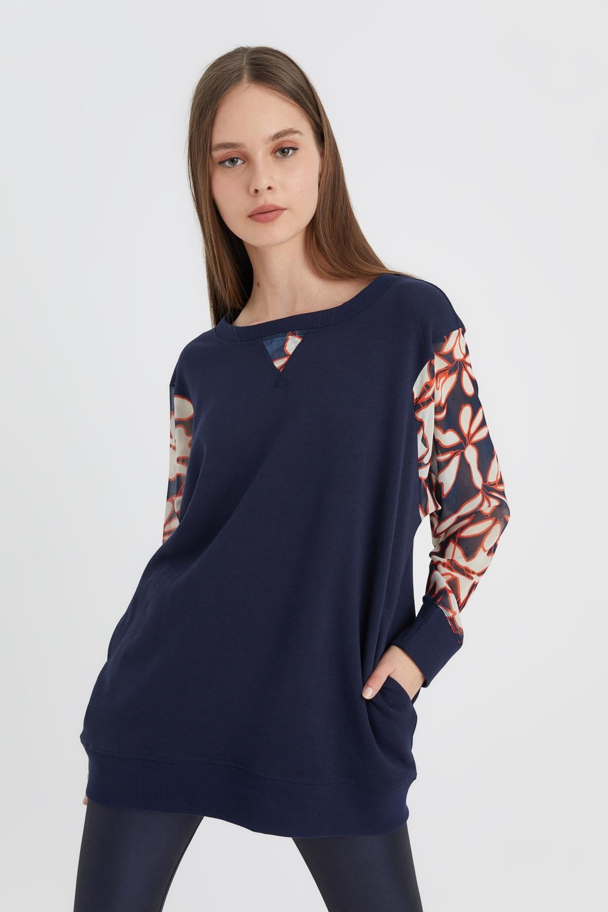 HN3037 Kolları Şifon Desenli Örme Sweatshirt
