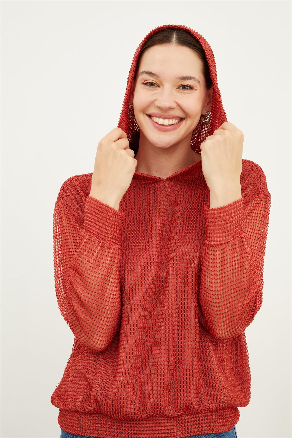 HN3882Kadın Kapüşonlu Oversize Ajurlu Örme Kumaş Düz Renk İçi Astarlı Uzun Kollu Sweatshirt
