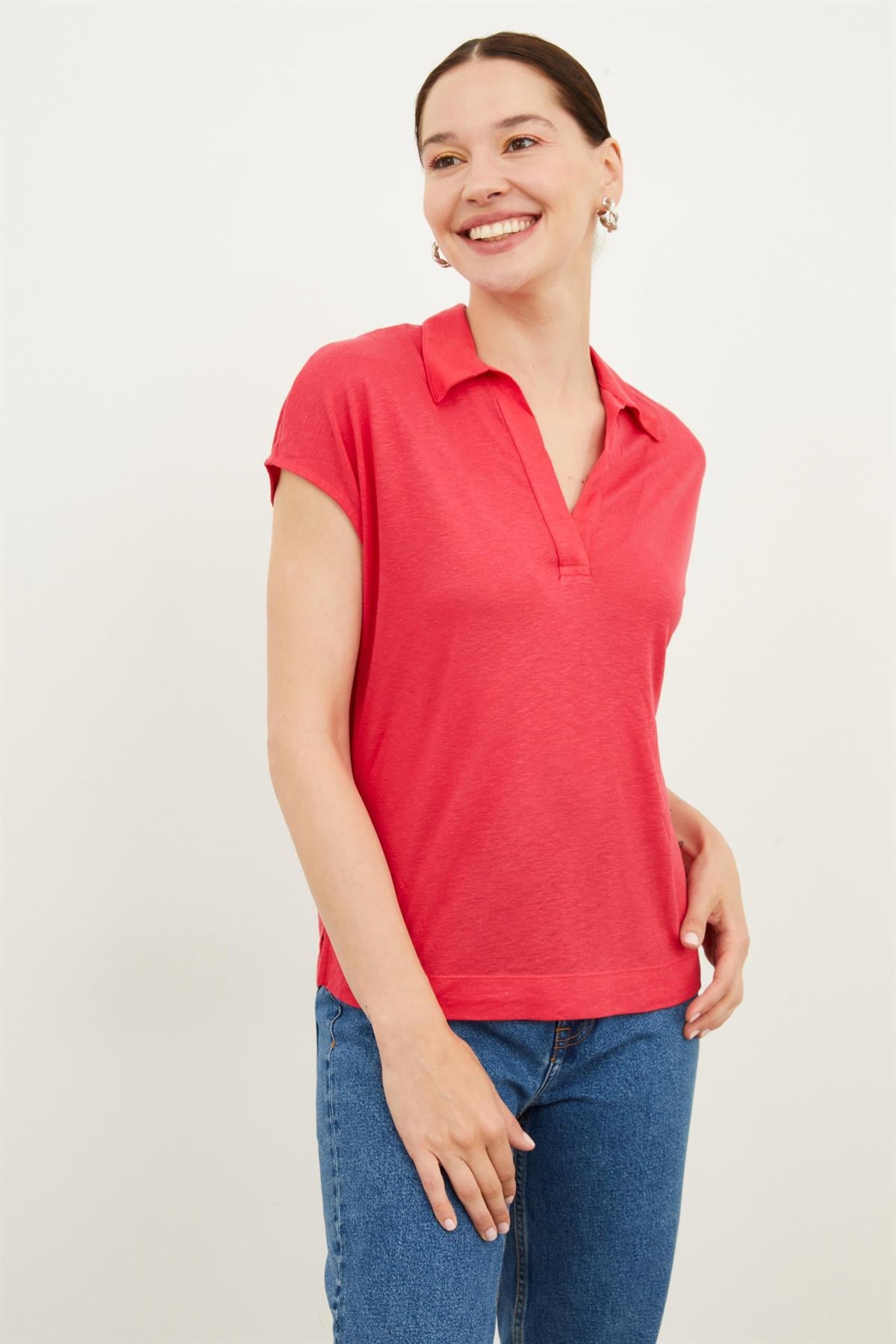 HN3896Kadın Polo Yaka Japone Kısa Kollu Düz Renk Örme Pamuklu T-shirt