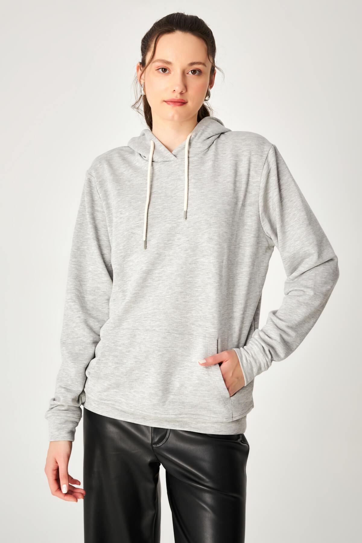 HN3956Kadın İp Detaylı Kapüşonlu Cepli Sweatshirt