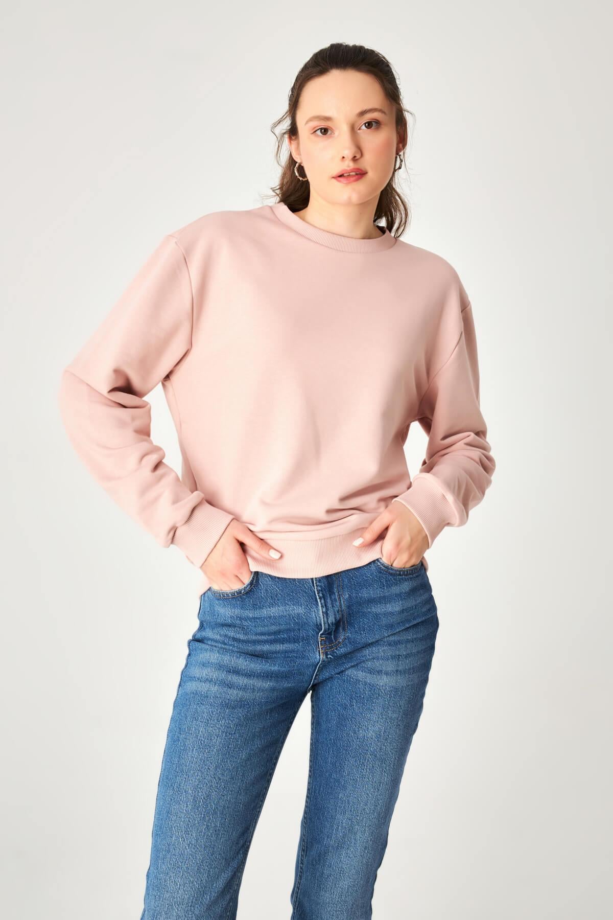 HN3958Kadın Yuvarlak Yaka Uzun Kollu Düz Sweatshirt