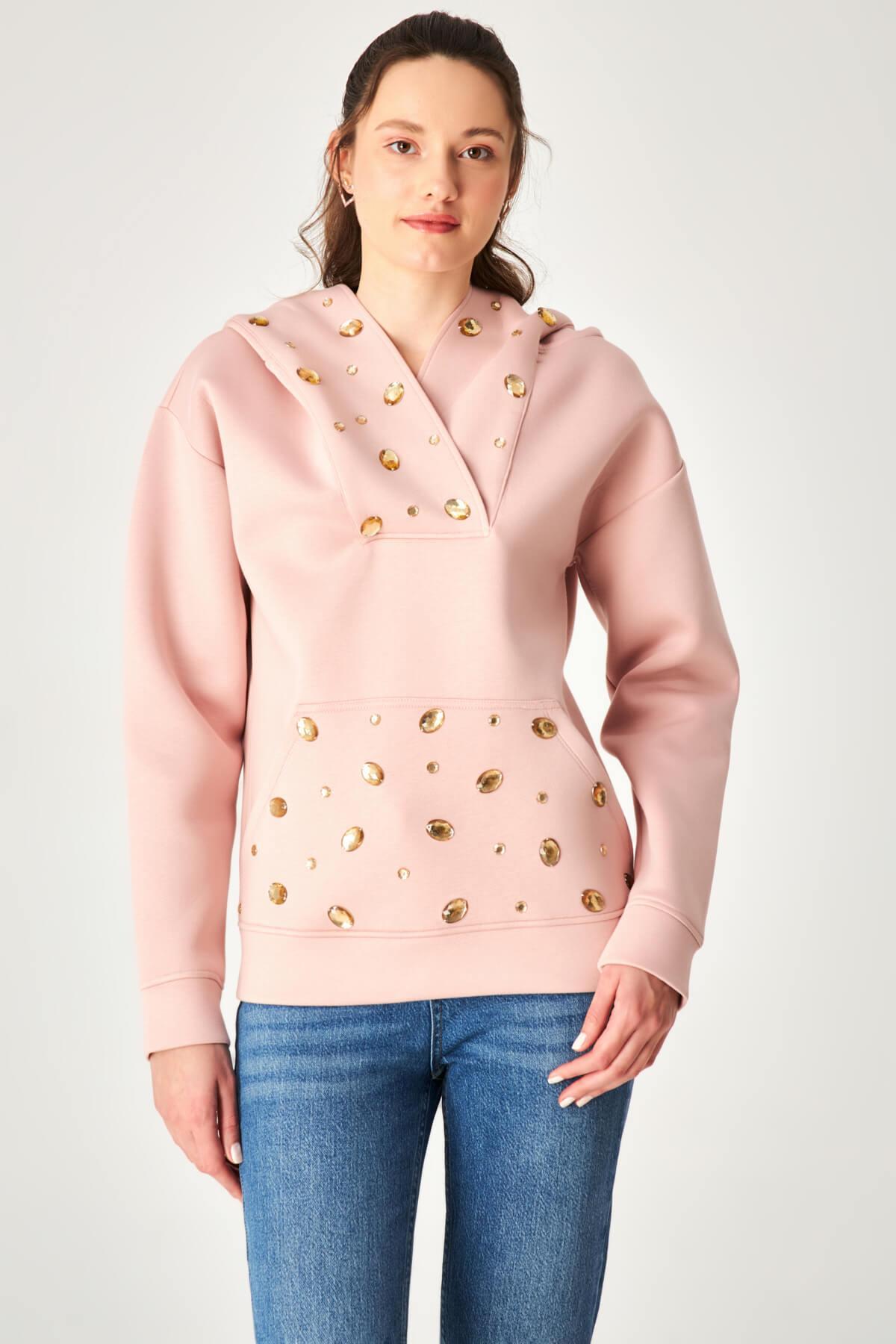 HN3966Taş Detaylı Kapüşonlu Sweatshirt