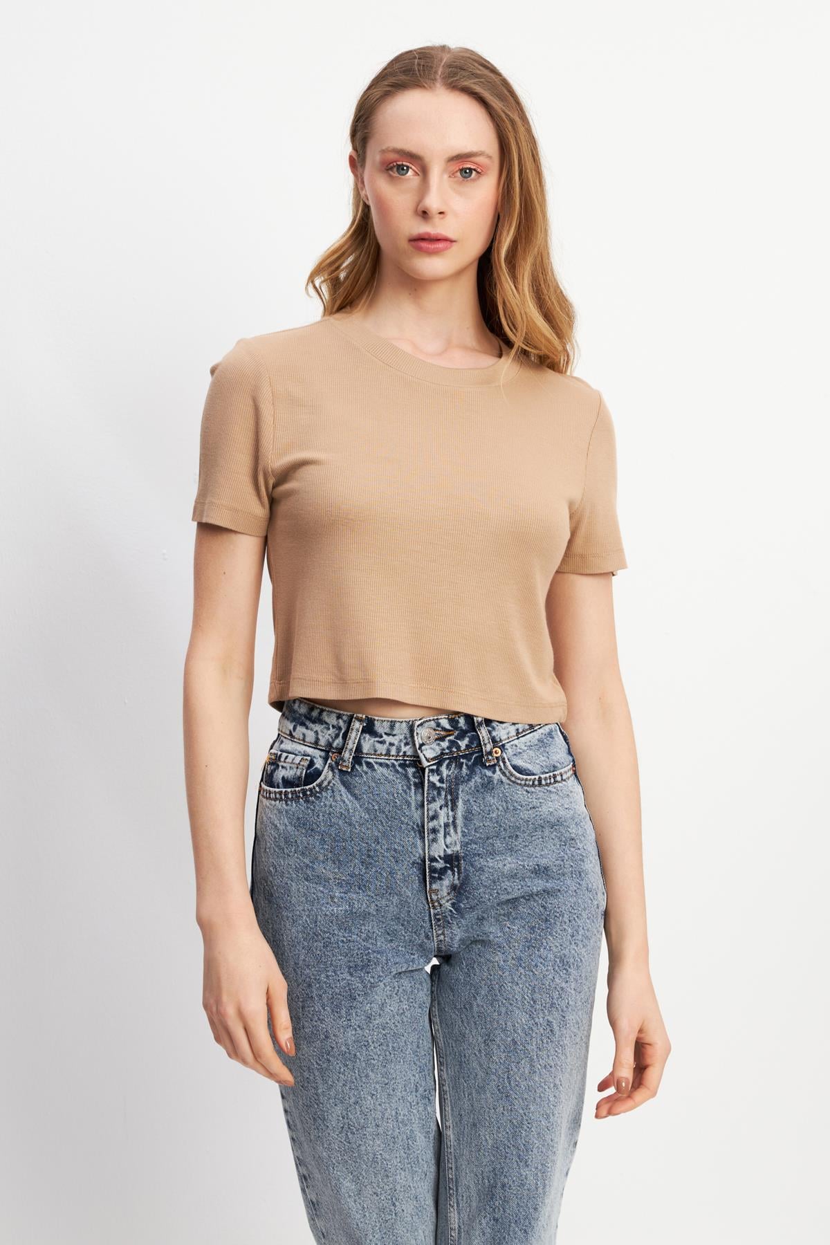 HN3998Lacivert Basic Üst Crop T-shirt