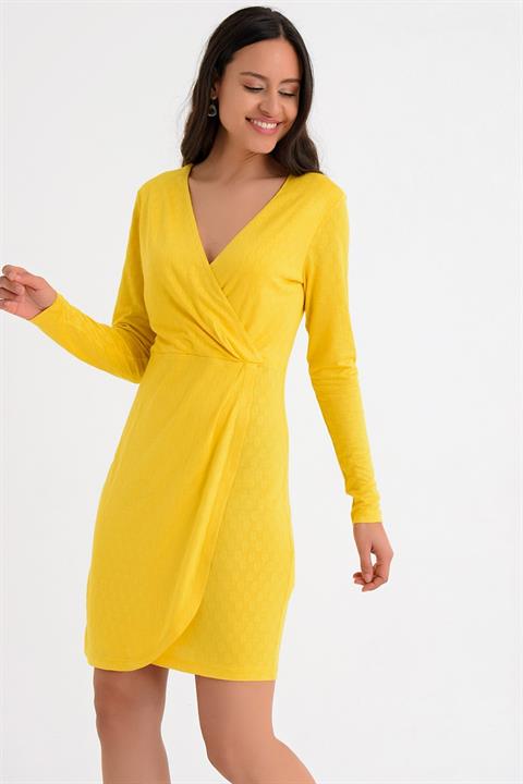 HN1658Kruvaze Sarı Elbise