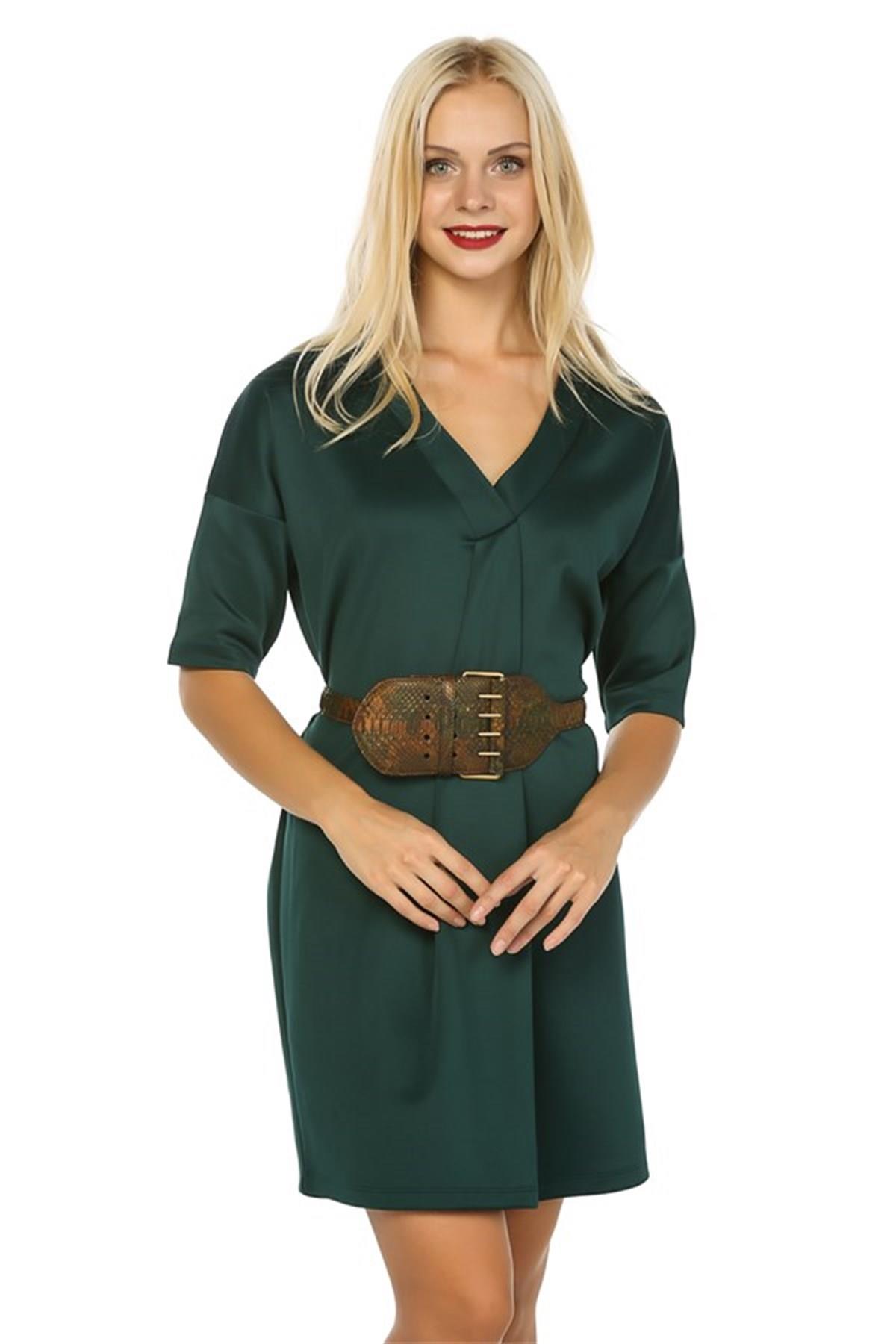 HN041V Yakalı Kısa Kollu Mini Elbise