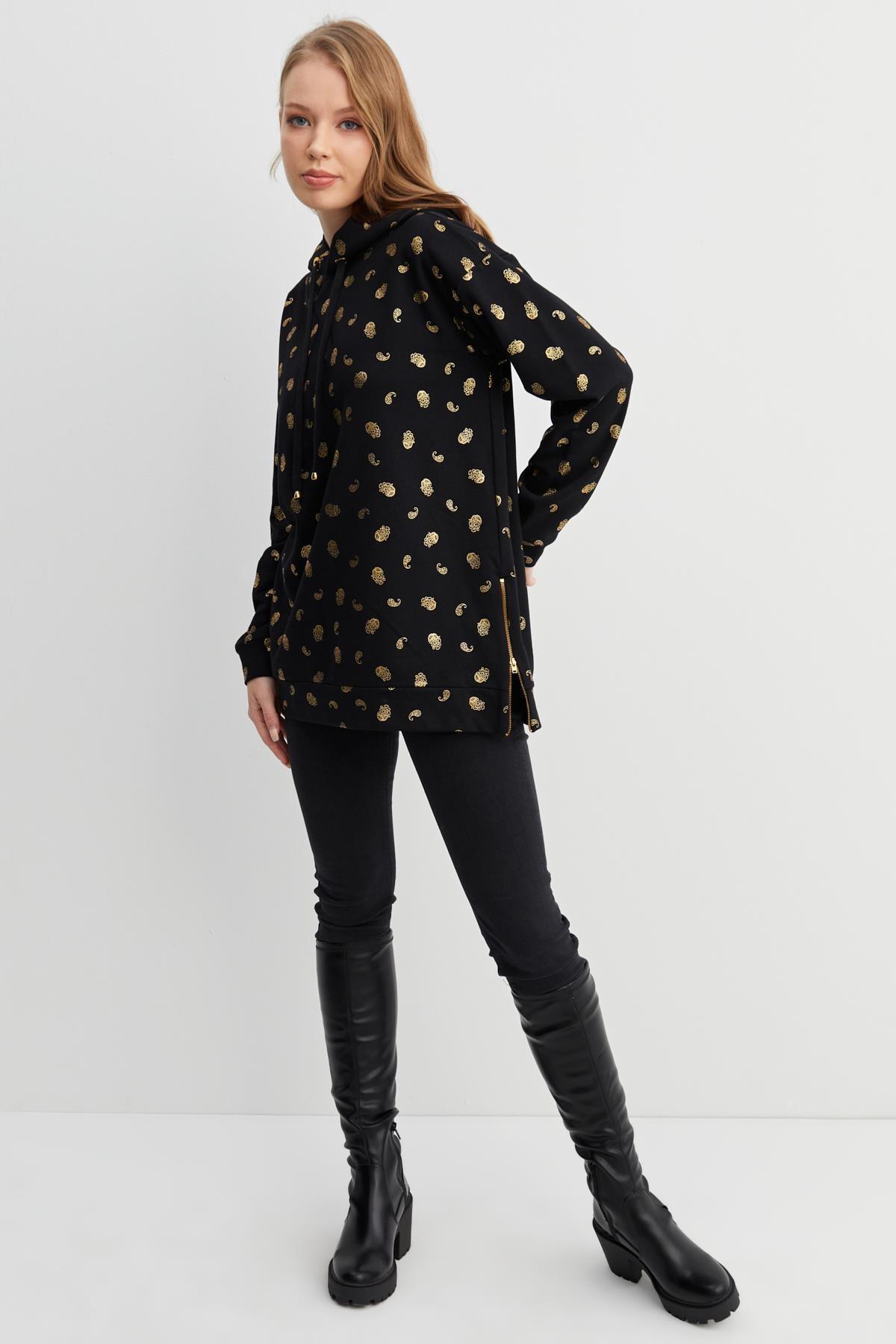 HN1210Şal Desenli Örme Kapüşonlu Sweatshirt