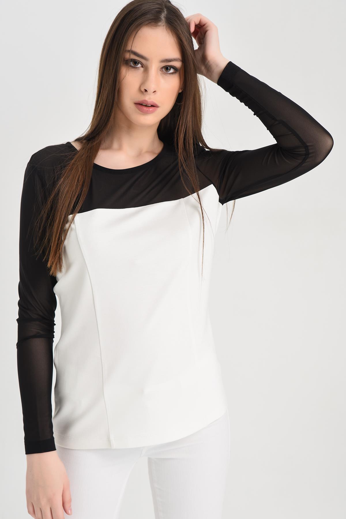 HN1262Transparan Detaylı Bluz