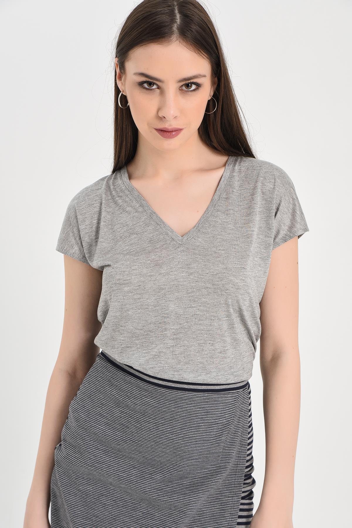 HN1283Kadın V Yaka Gri Melanj Örme Kısa Kol Basic T-shirt